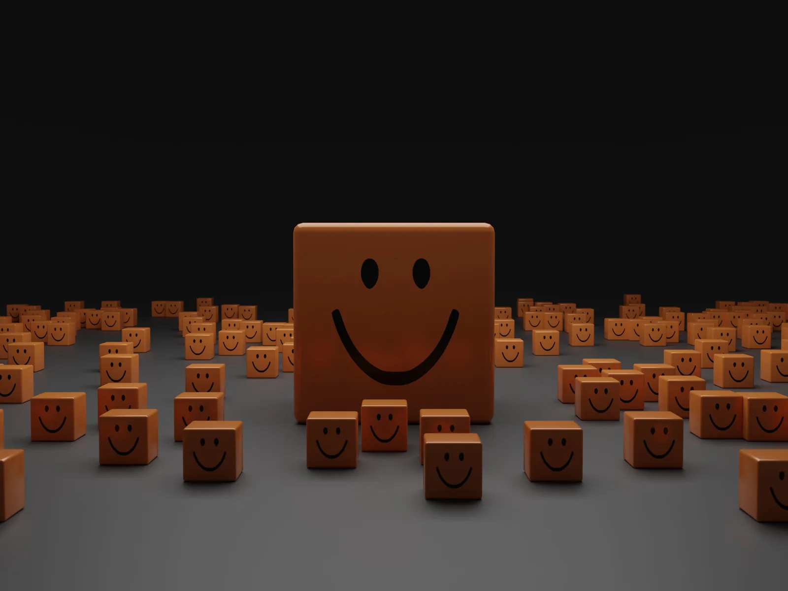 A large smiling orange cube surrounded by rows of smaller smiling cubes on a dark floor, representing satisfied customers