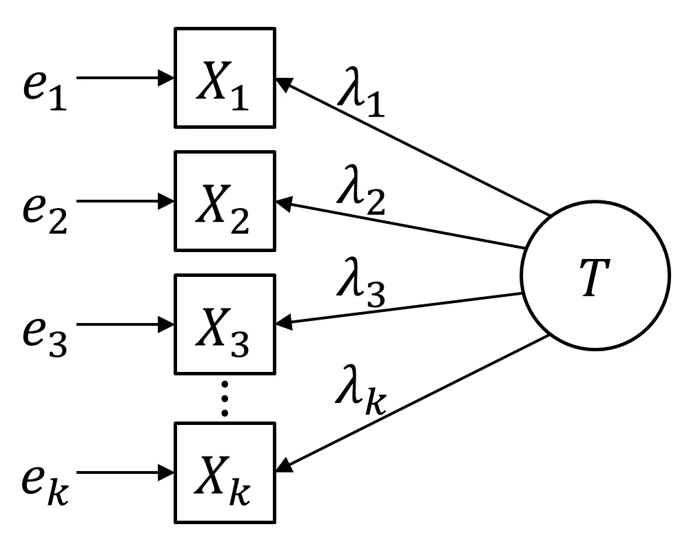 Measurement model diagram: one underlying score T points to items X1 to Xk through loadings λ1 to λk, and each item also has its own error term e1 to ek