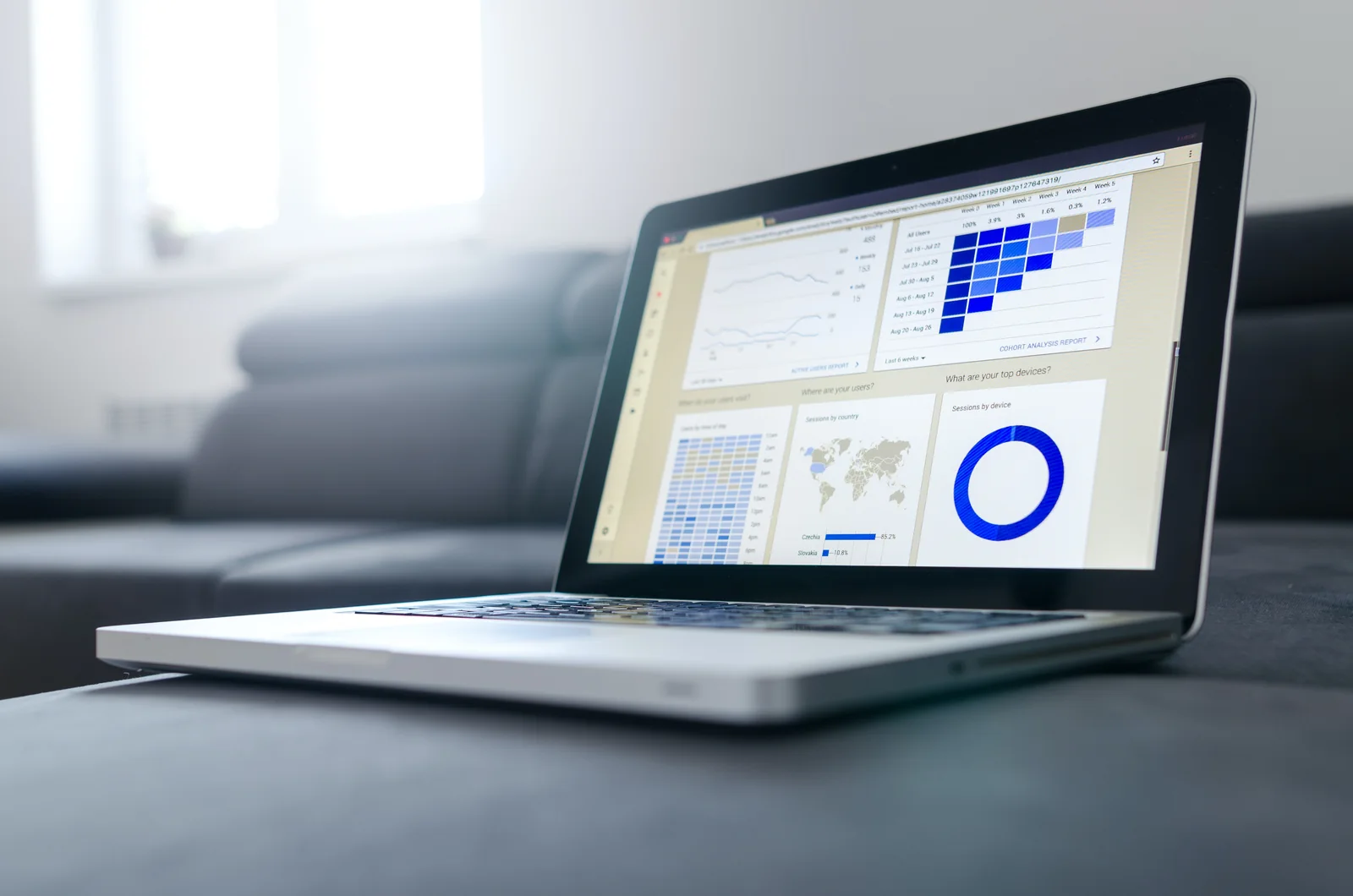 Laptop on a dark sofa showing a report with line charts, a blue heat-map grid, a world map and a donut chart