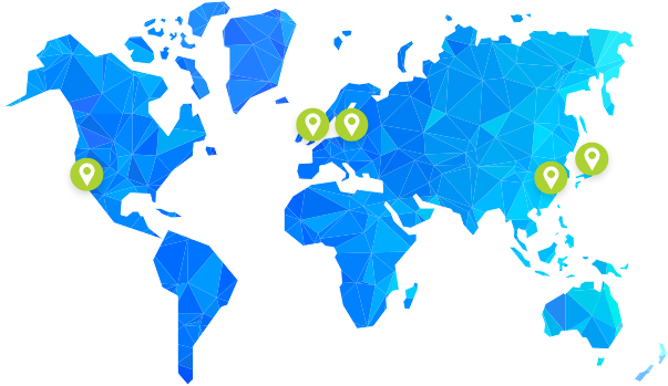 World map marking mTab offices in California, England, Poland, China and Japan
