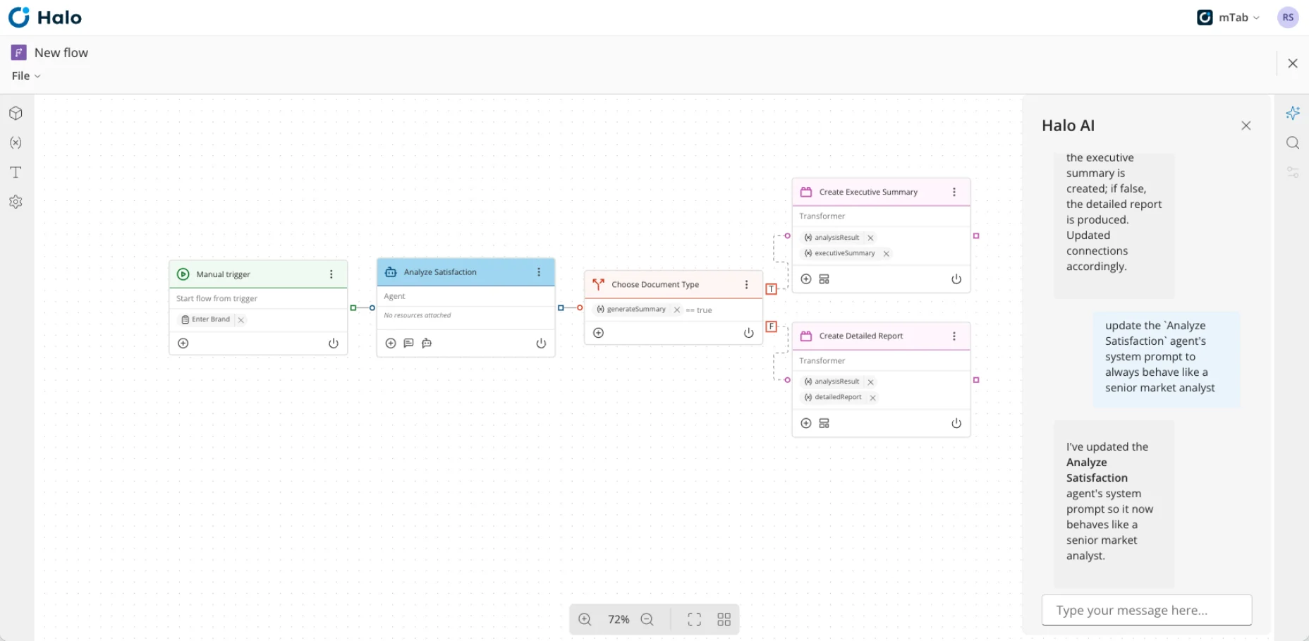 Halo Flows editor with analysis steps and outputs