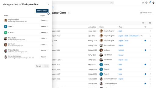 Halo workspace access management dialog with owner, editor and viewer roles