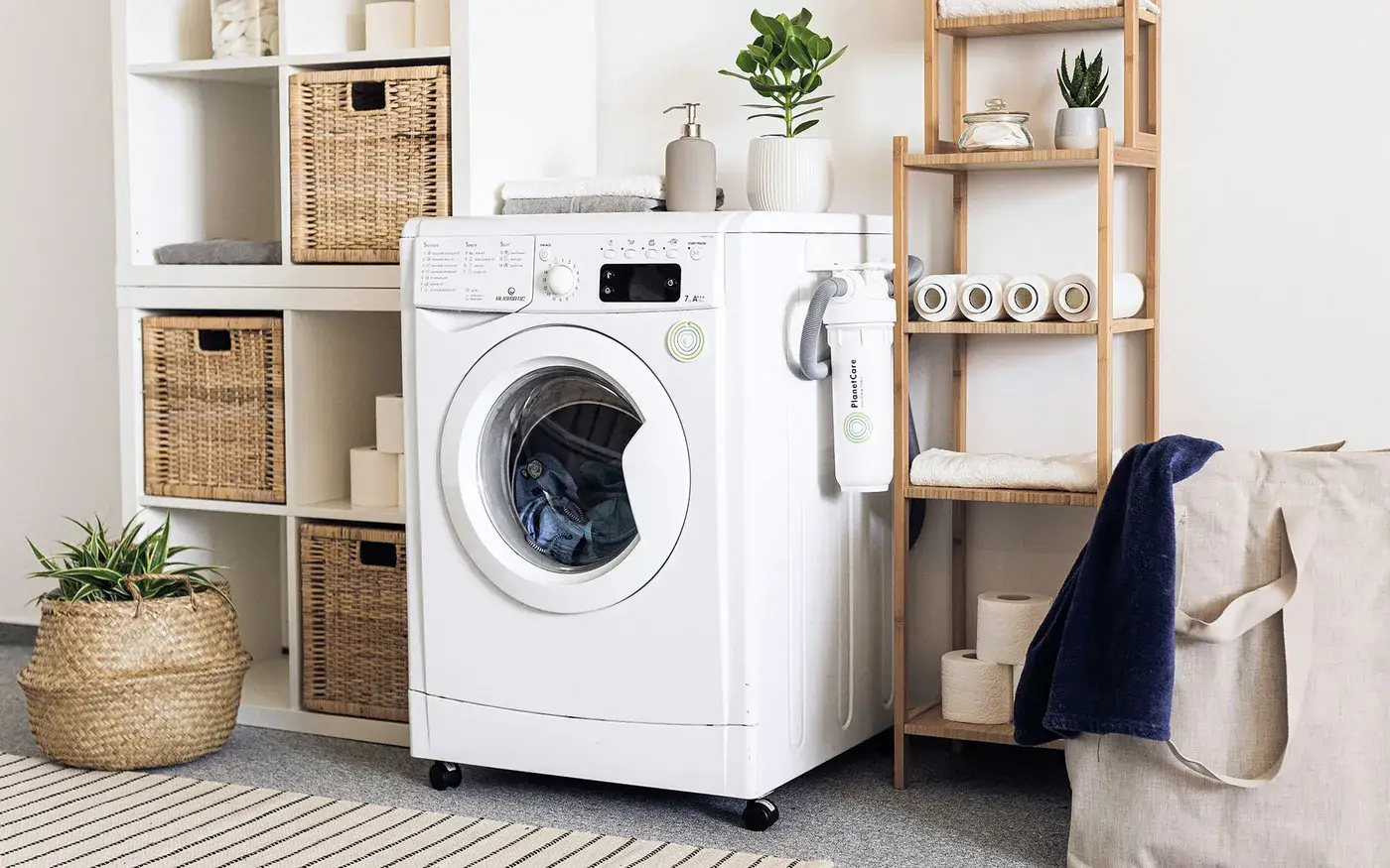 Washing machine in a bright home laundry room